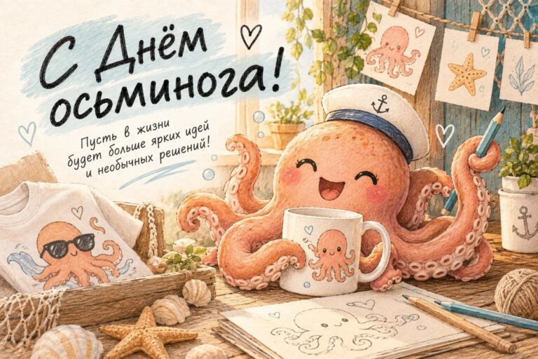 День осьминога. Печать на кружке, печать на ткани, печать в Симферополе. Корпоративный заказ.